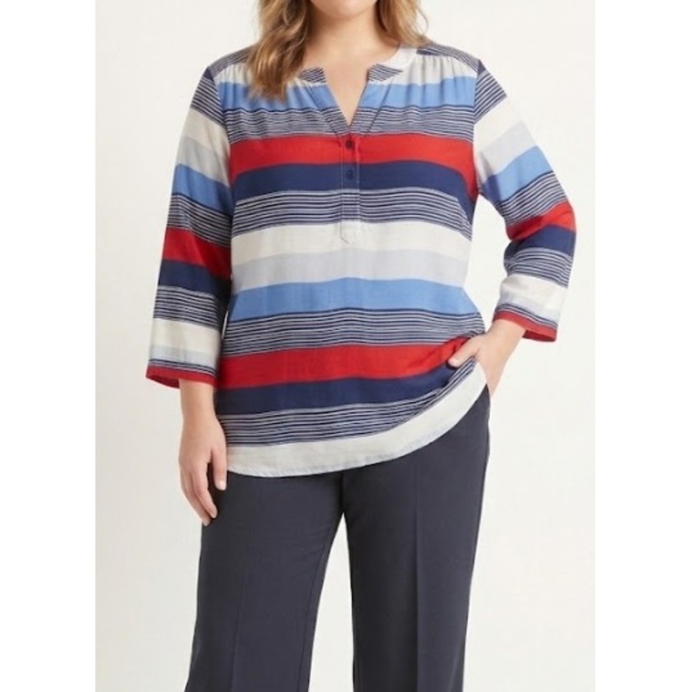 Talbots Henley Top XL Blue Red White Striped Ultra Soft Blouse 3/4 Sleeve Preppy